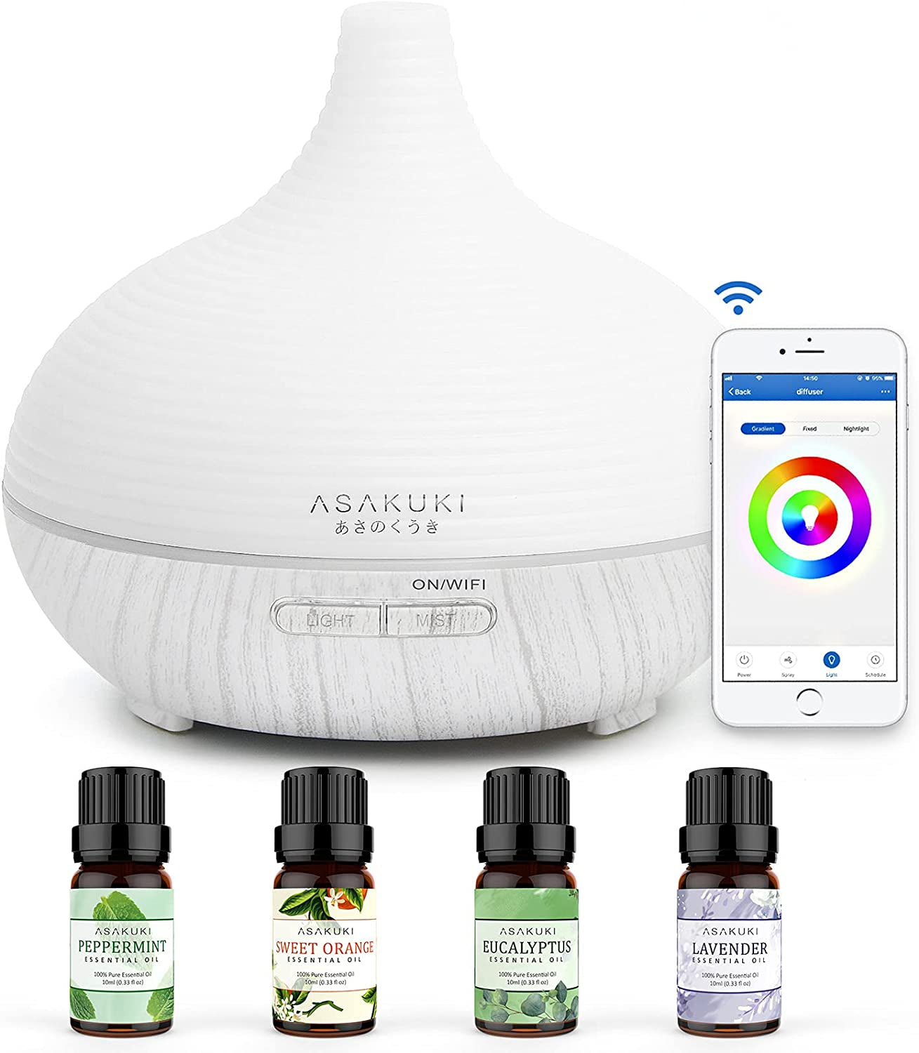 Smart Wi-Fi Essential Oil Diffuser with 4 Premium Essential Oils - Upgraded 300ml Capacity & 7 LED Color Settings