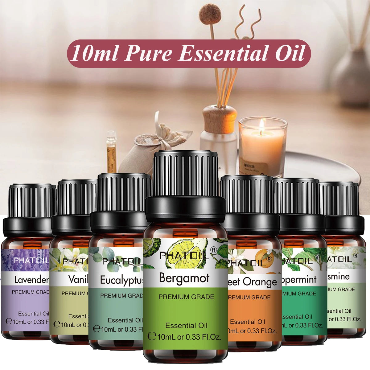 Natural Plant Essential Oil 10ml - Eucalyptus, Rose, Lemon, Bergamot, Vanilla, and Peppermint for Aromatherapy and Diffusers